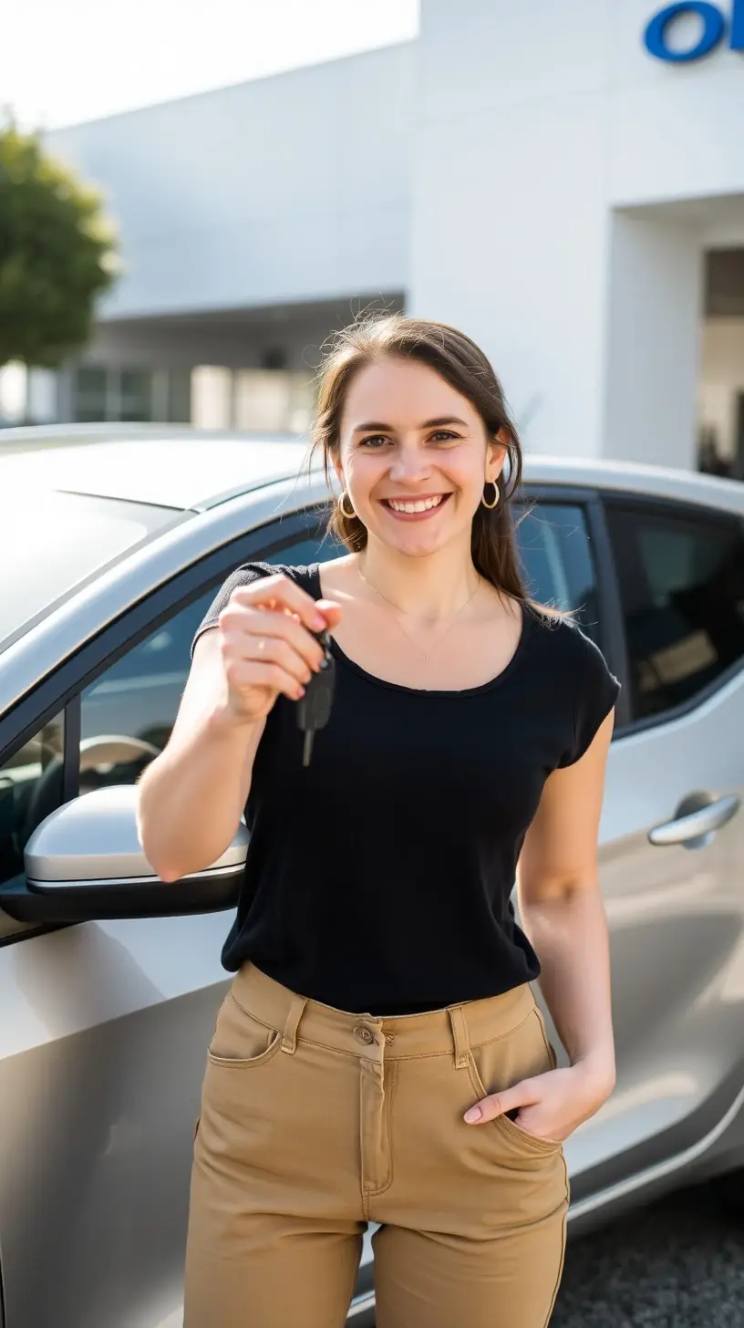Une conductrice récupère les clés de sa voiture neuve louée en LOA, sourire aux lèvres, sans immobiliser son épargne