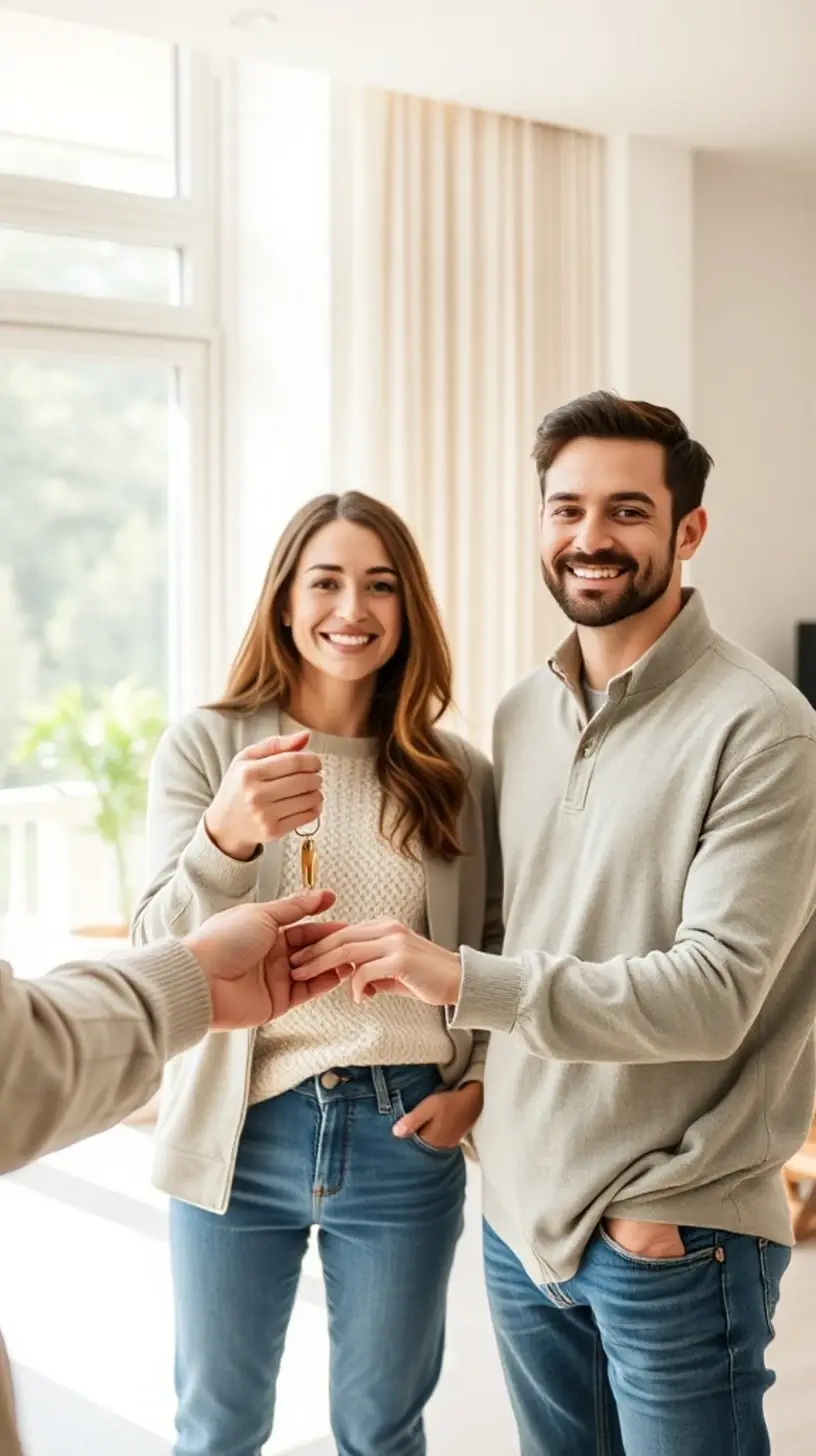 Jeune couple de locataires devenus propriétaires grâce à un prêt immobilier, recevant les clés de leur logement