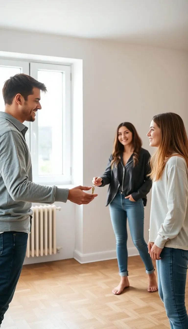 Un investisseur remet les clés d'un appartement rénové à ses nouveaux locataires, après avoir financé son achat locatif à crédit