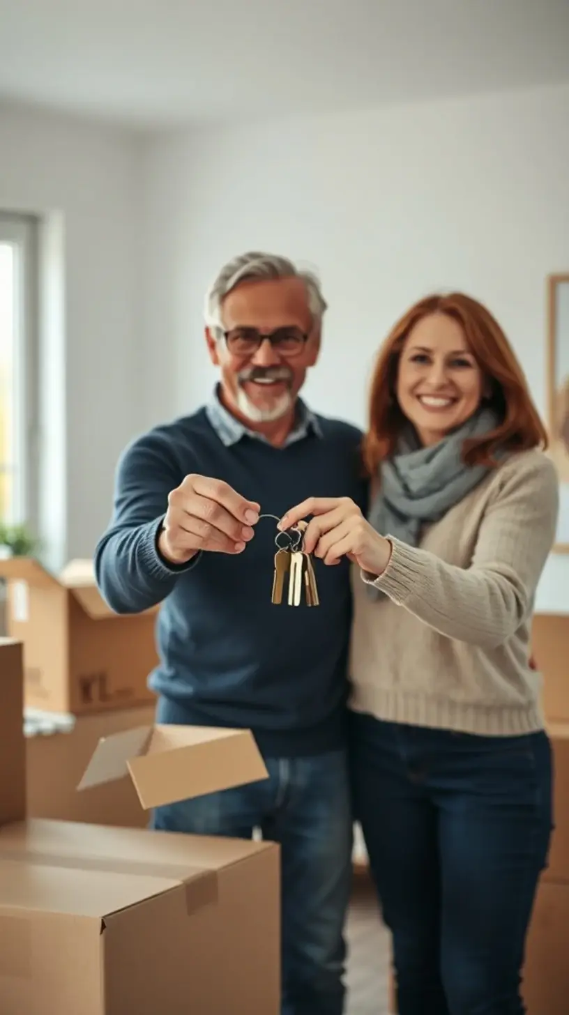 Couple propriétaire, cartons de déménagement autour de lui, recevant les clés de son nouveau logement financé par un prêt relais avant d'avoir vendu l'ancien