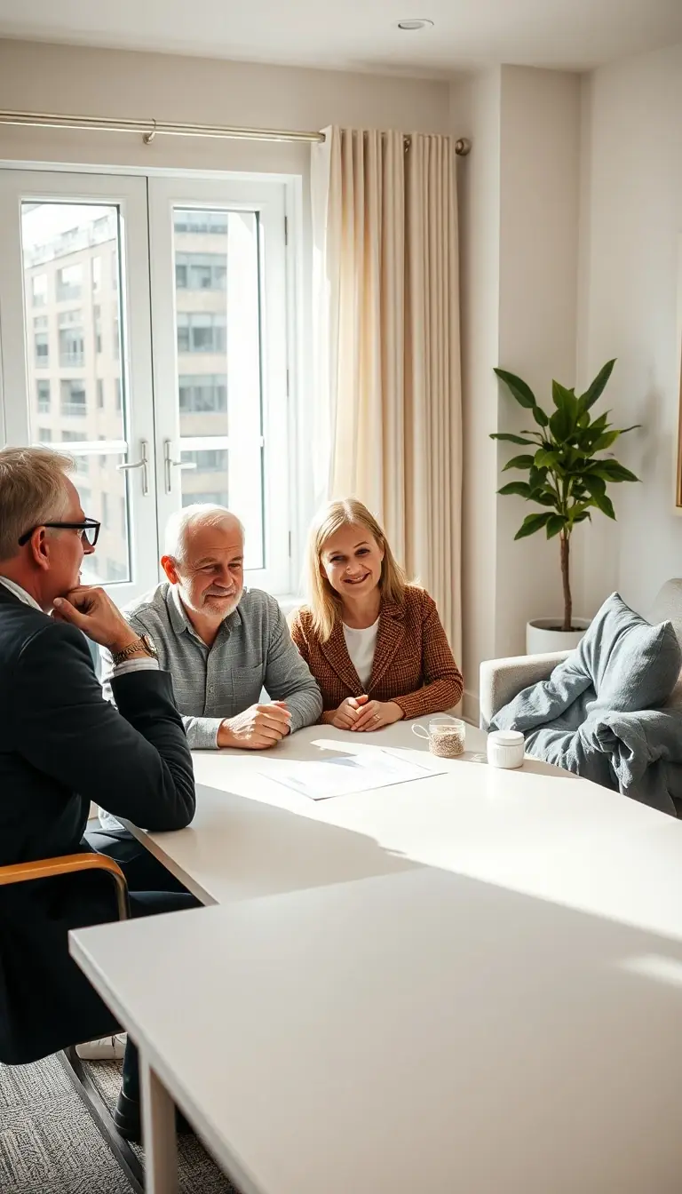 Un couple de propriétaires inquiets étudie ses options avec un conseiller, autour d'une table, avant d'envisager la vente de leur logement